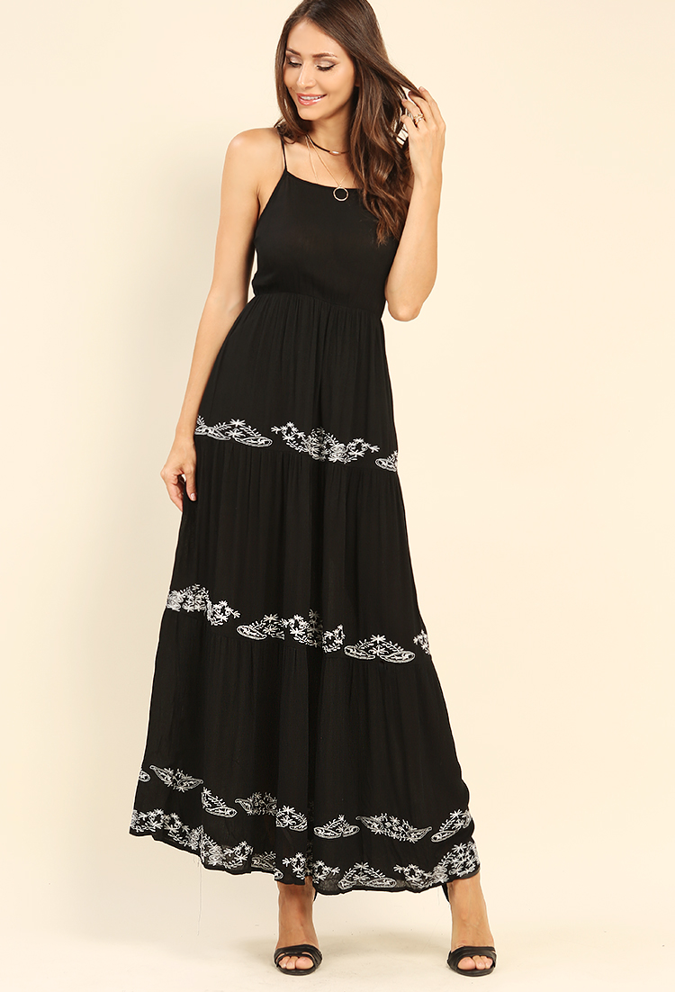 Crinkled Floral Embroidered Lace-Up Maxi Dress