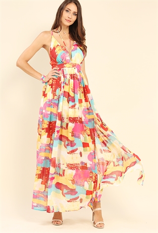 Plunging Abstract Printed Strappy M-Slit Maxi Dress