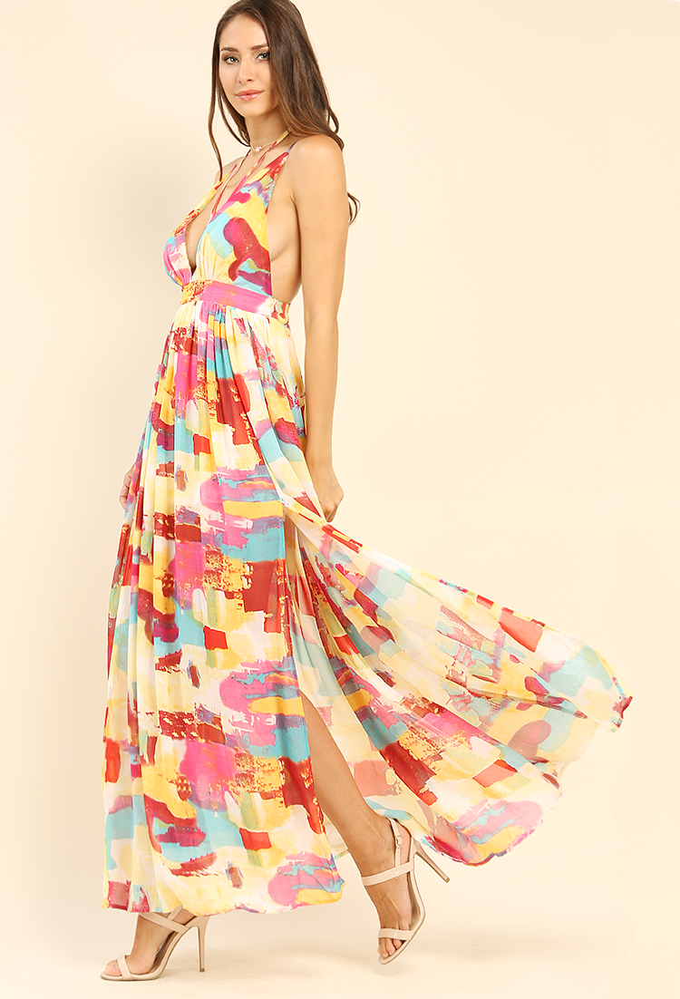 Plunging Abstract Printed Strappy M-Slit Maxi Dress