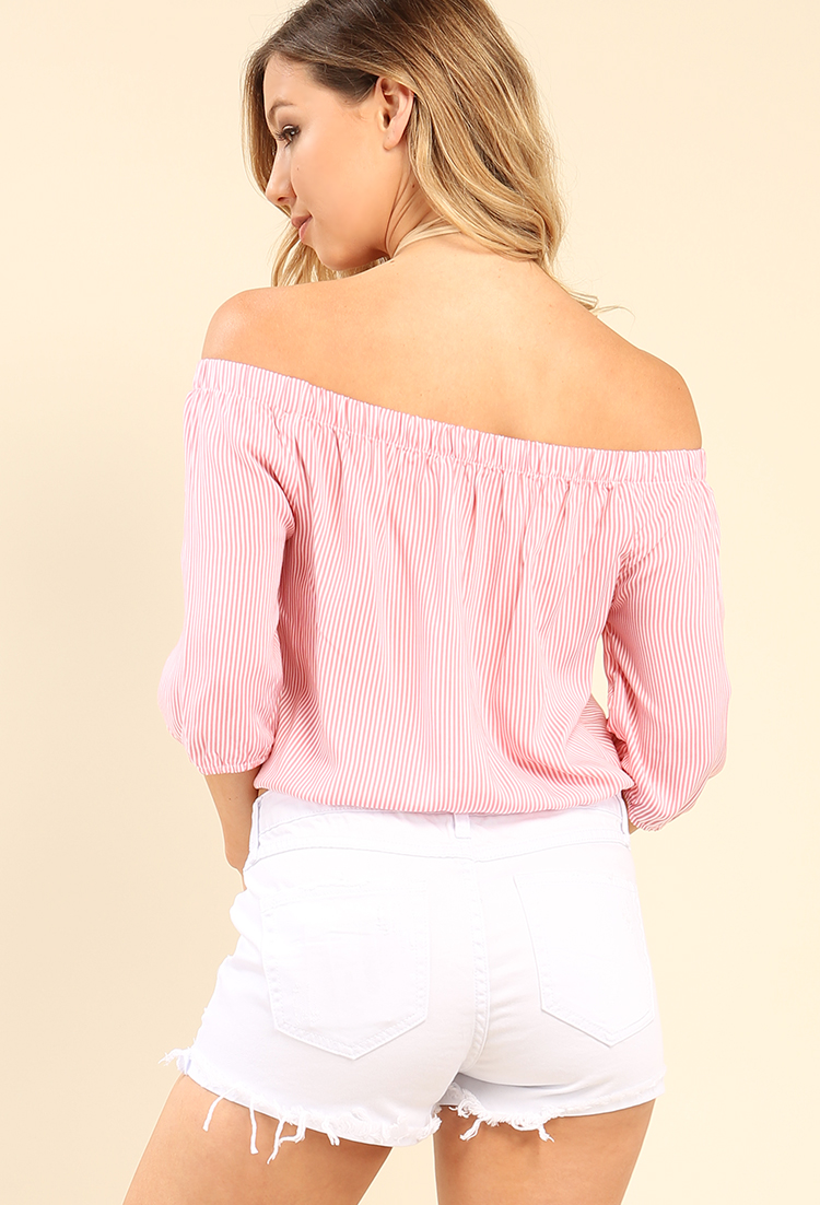 Pinstriped Button Detail Off-The-Shoulder Top