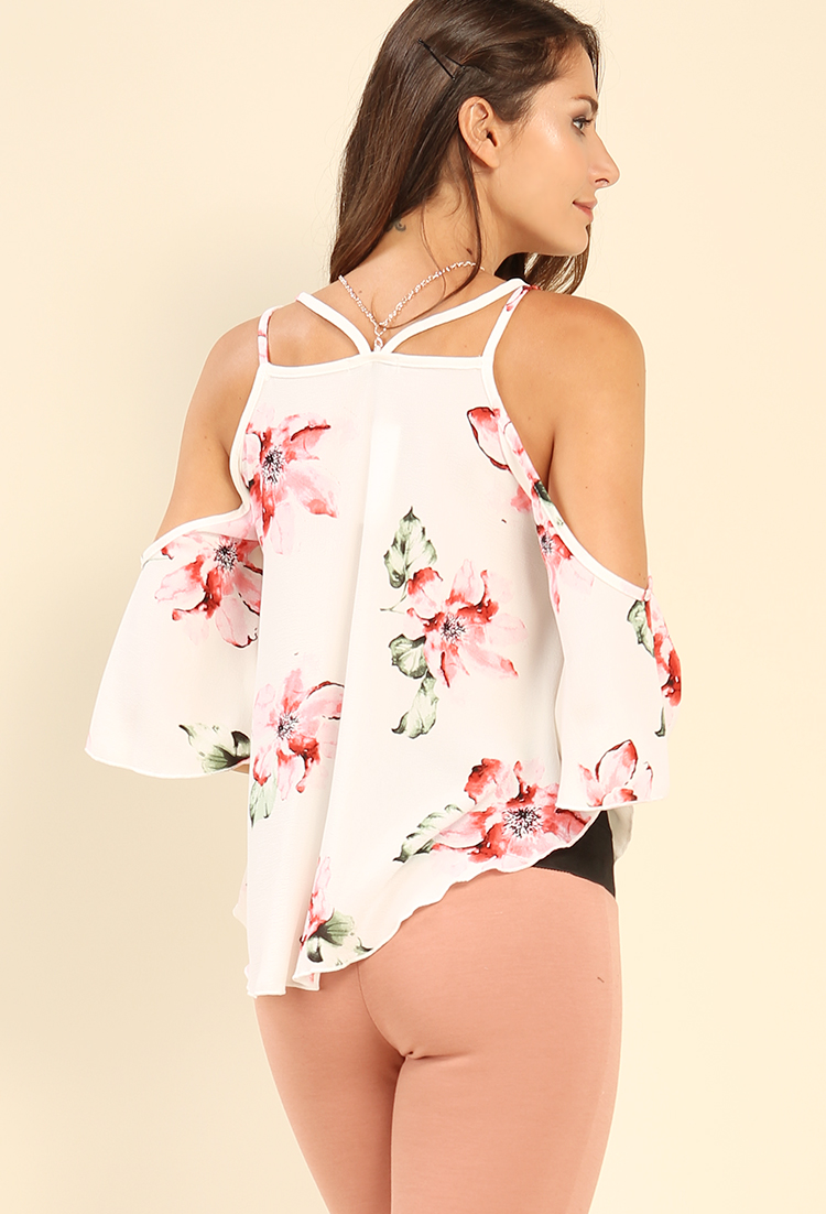 Strappy Floral Open-Shoulder Top W/ Necklace