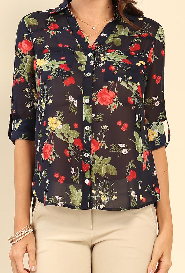 Floral Print Chiffon Button-Up Blouse