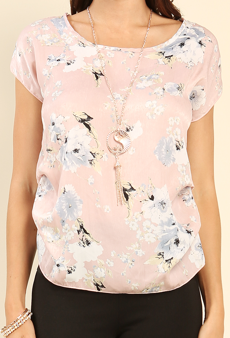 Ruched Satin Floral Print Top W/ Necklace