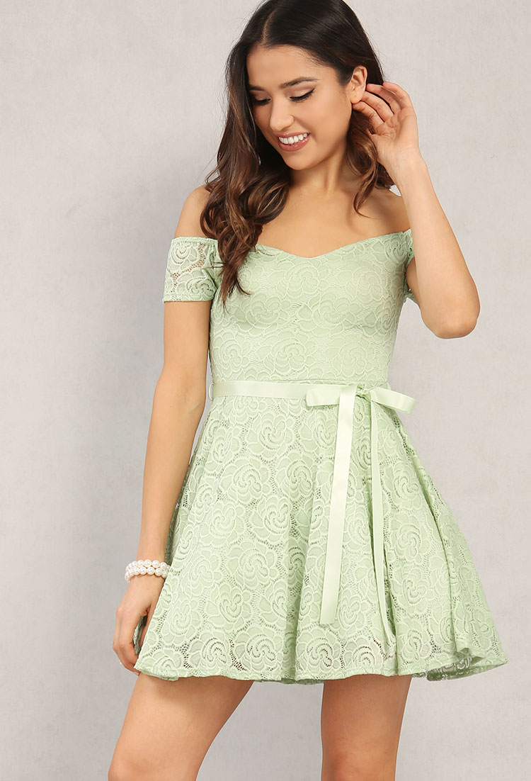 Tulle Lined Off-The-Shoulder Lace Fit And Flare Dress
