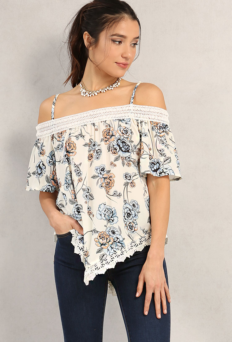 Floral Crochet-Trimmed Open-Shoulder Top