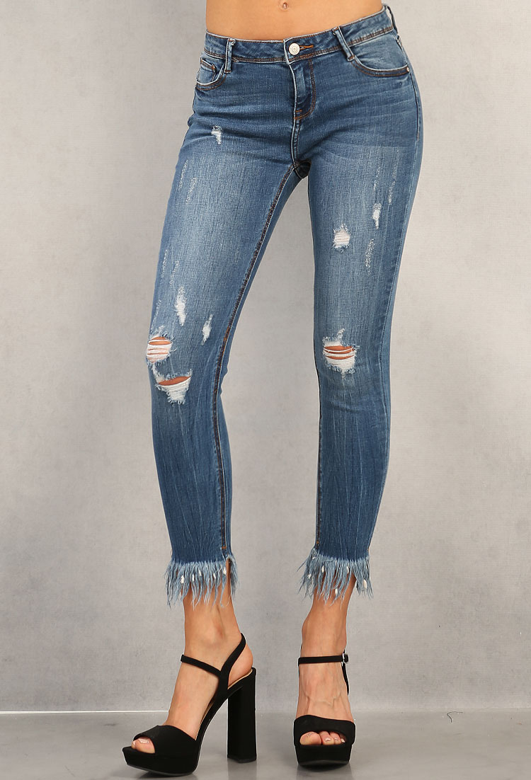 Frayed Denim Mid-Rise Jeans