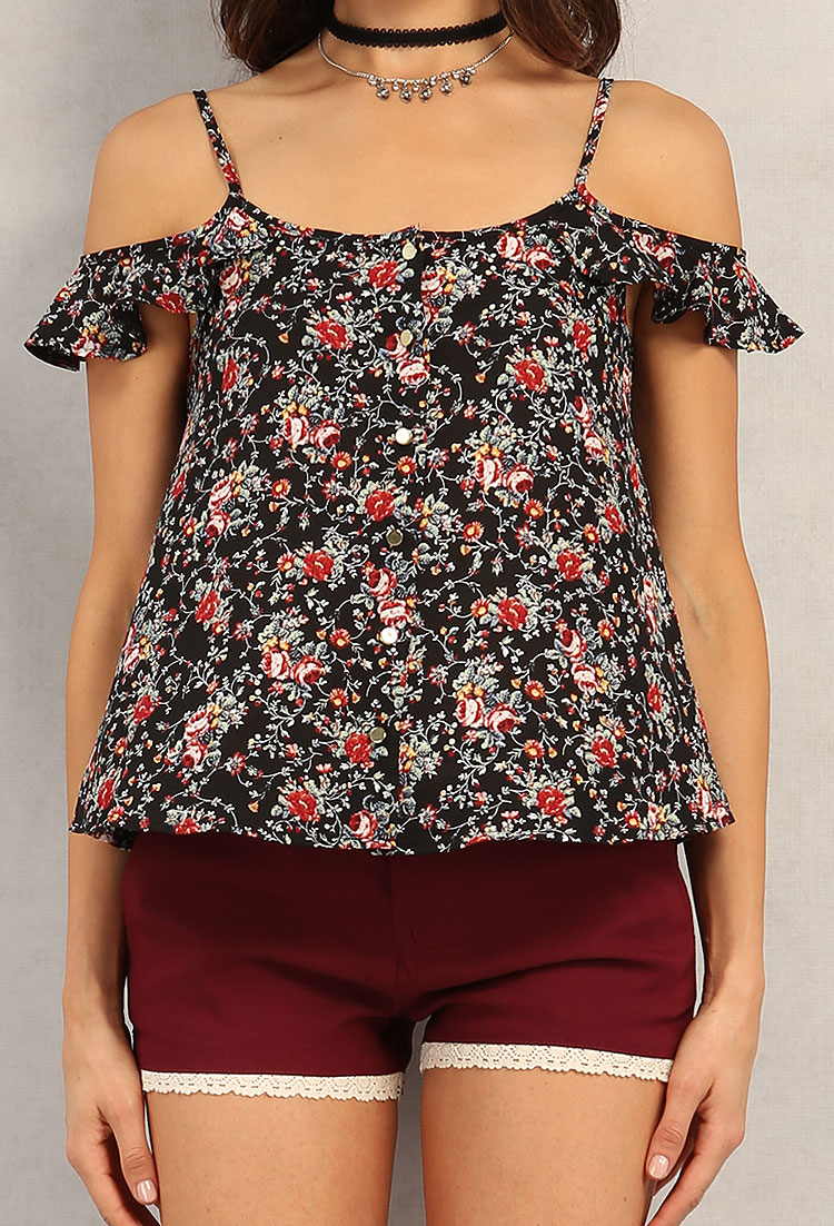 Buttoned Floral Print Open-Shoulder Top