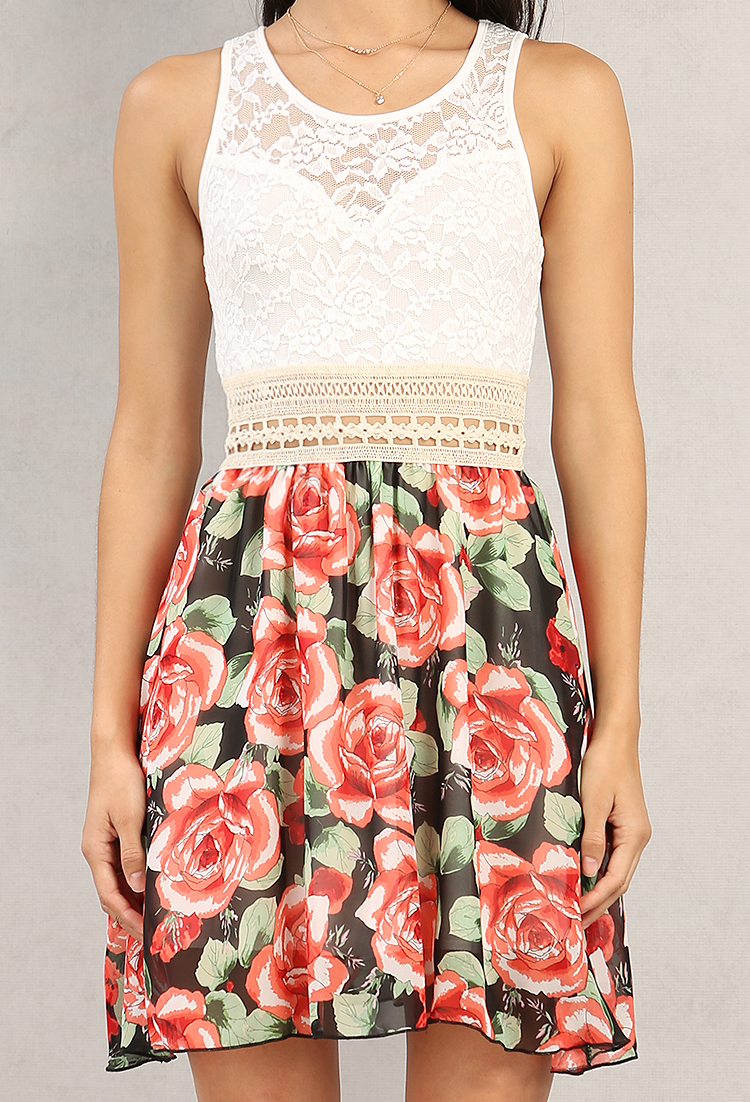 Lace Overlay Floral Chiffon Dress