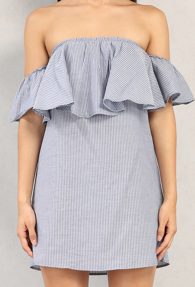 Pinstriped Off-The-Shoulder Flounce Dress