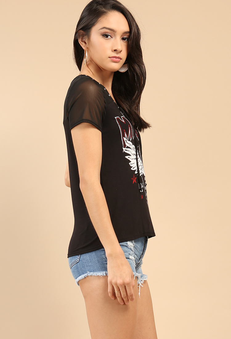 Mesh-Paneled Graphic Lace-Up Tee
