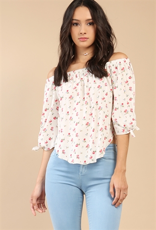 Dotted Floral Print Off-The-Shoulder Top
