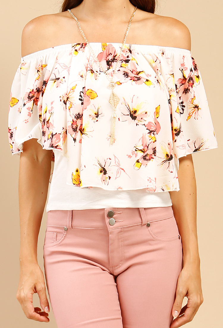 Draped Floral Print Off-The-Shoulder Top W/ Necklace