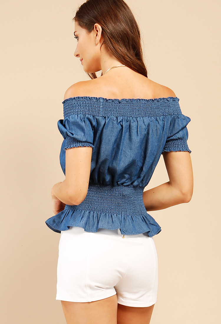 Smocked Chambray Lace-Up Off-The-Shoulder Top