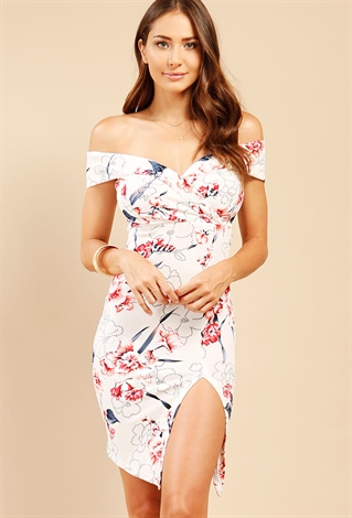 Textured Floral Print Off-The-Shoulder Dress