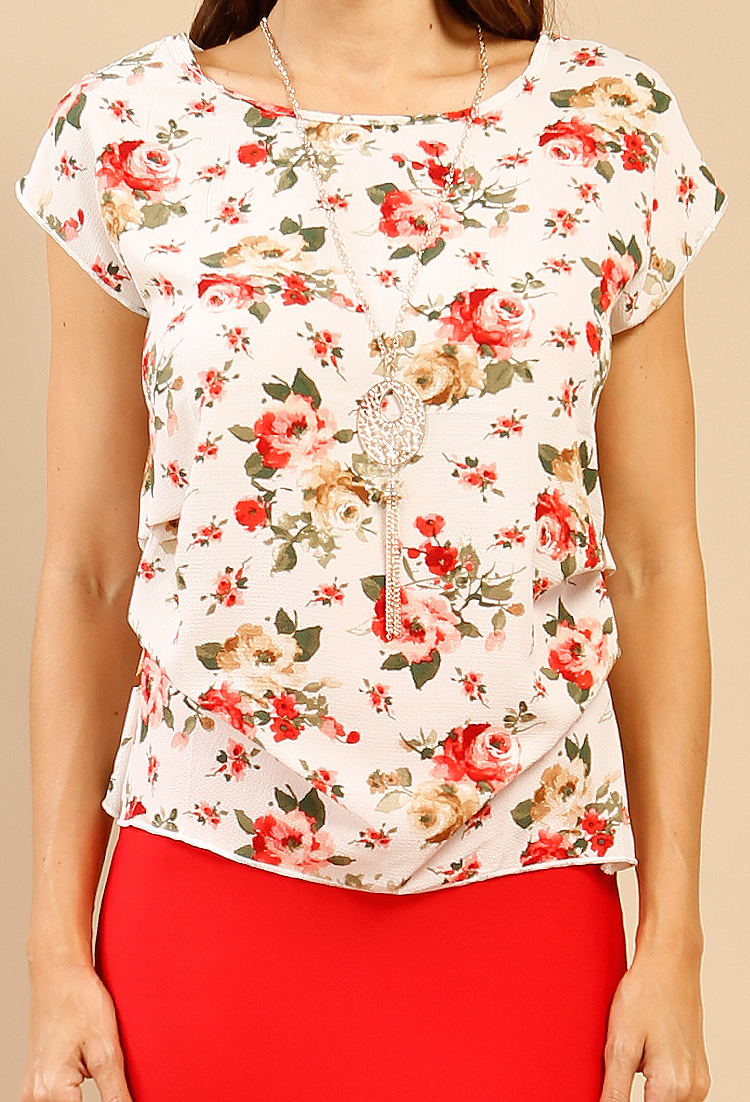 Ruched Floral Print Top W/ Necklace
