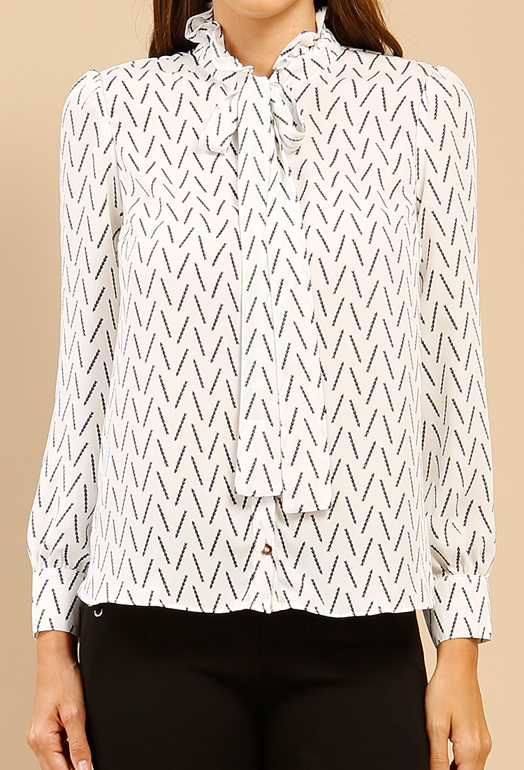Ruffled Abstract Arrow Print Tie-Front Blouse