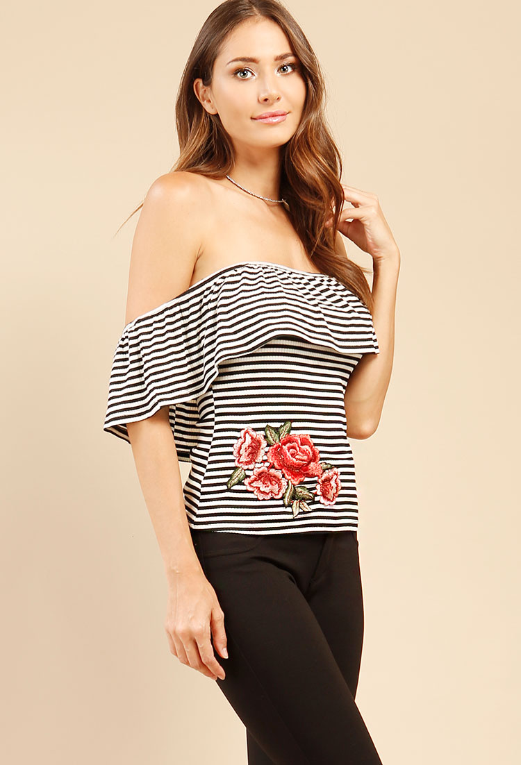 Flounce Striped Floral Off-The-Shoulder Top