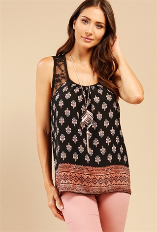 Lace Paneled Tribal Print Top W/ Necklace