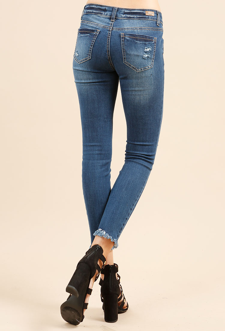 Distressed Raw-Hem Skinny Jeans