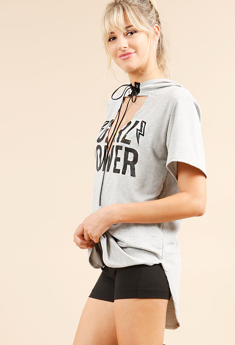 Hooded Girl Power Graphic Cutout Top