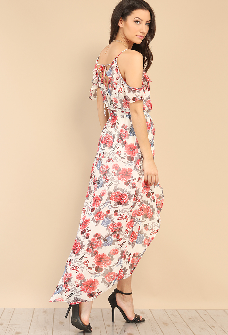 Floral Open-Shoulder High-Low Dress