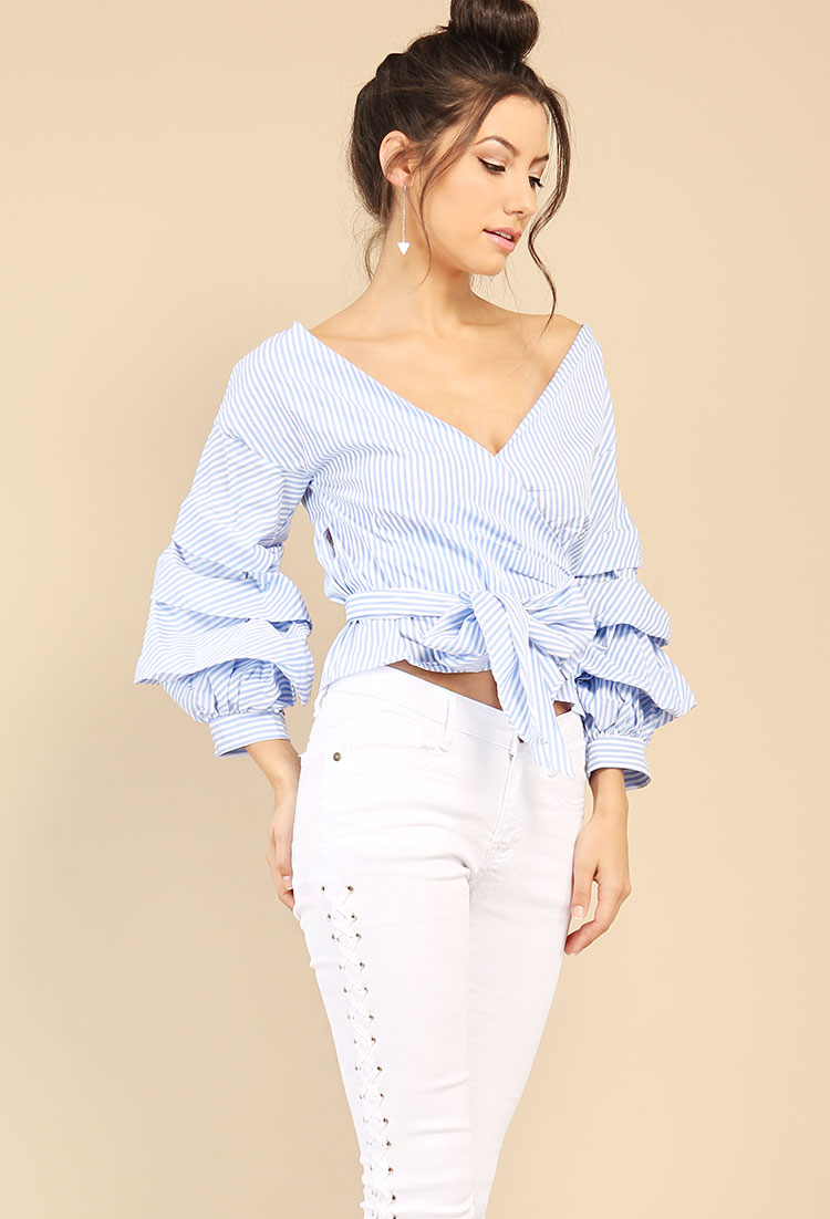 Striped Exaggerated Sleeve Wrap Top