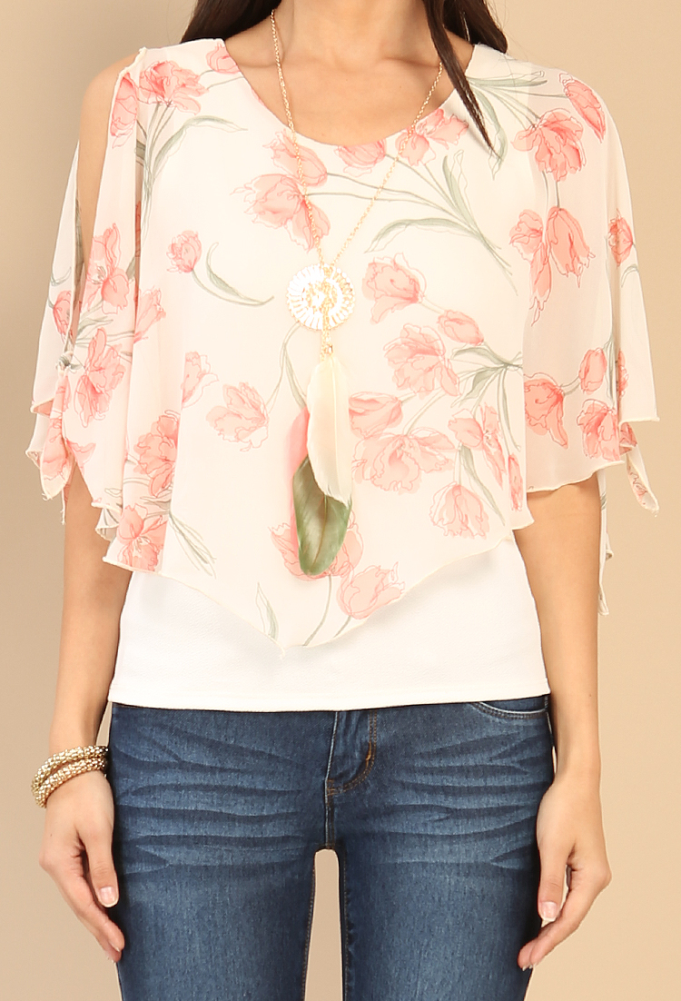 Floral Layered Chiffon Cape Top W/ Necklace