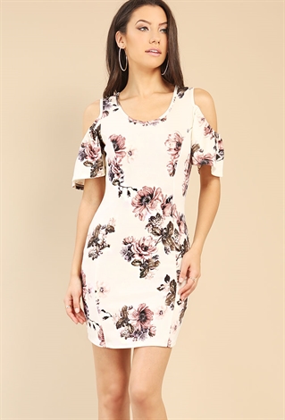 Floral Print Open-Shoulder Bodycon Dress