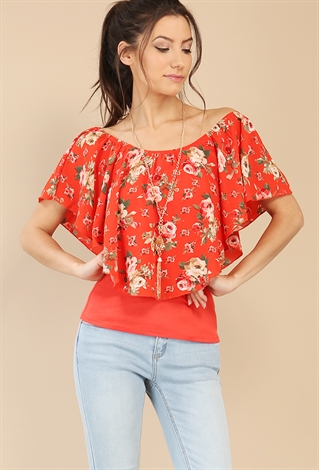 Draped Floral Off-The-Shoulder Top W/ Necklace