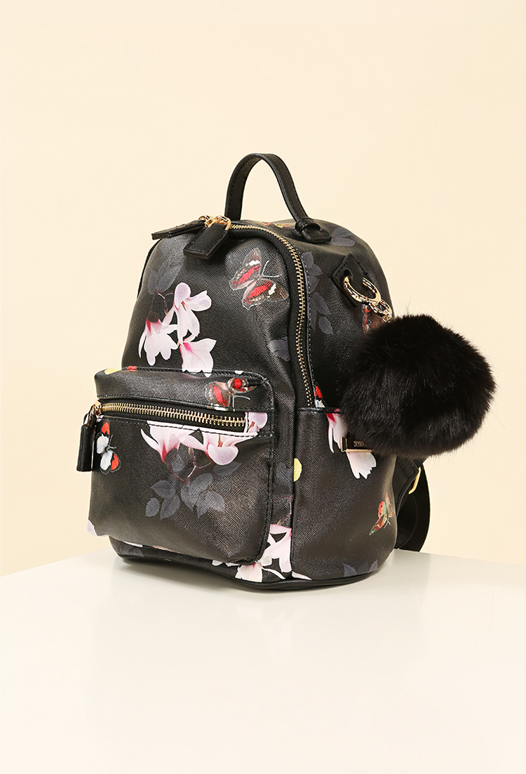 Butterfly Print Mini Backpack W/ Faux Fur Pom Pom