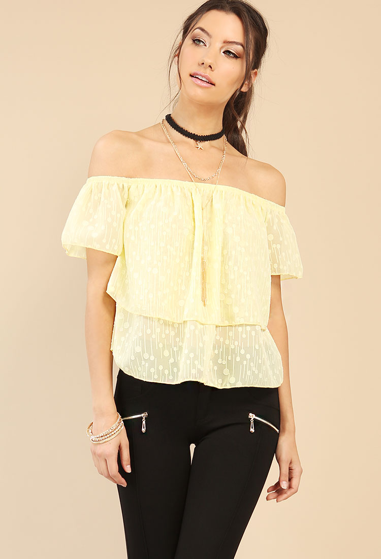 Tiered Polka Dot Off-The-Shoulder Top W/ Necklace