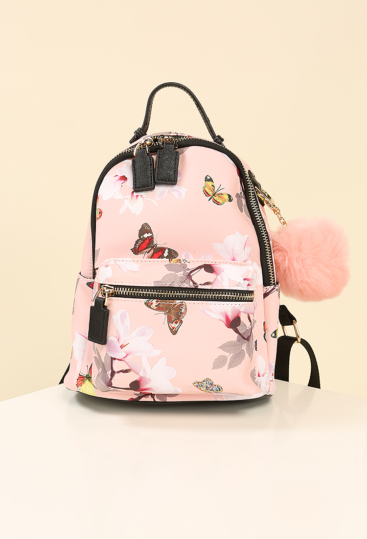 Butterfly Print Mini Backpack W/ Faux Fur Pom Pom