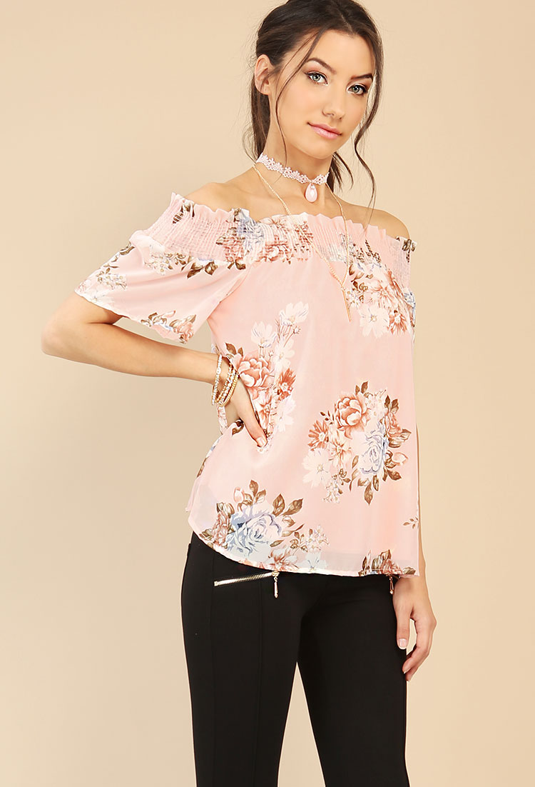 Smocked Floral Chiffon Off-The-Shoulder Top W/ Necklace