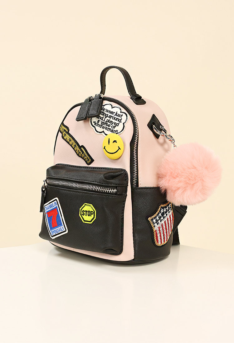 Patched Faux Leather Mini Backpack W/ Faux Fur Pom Pom
