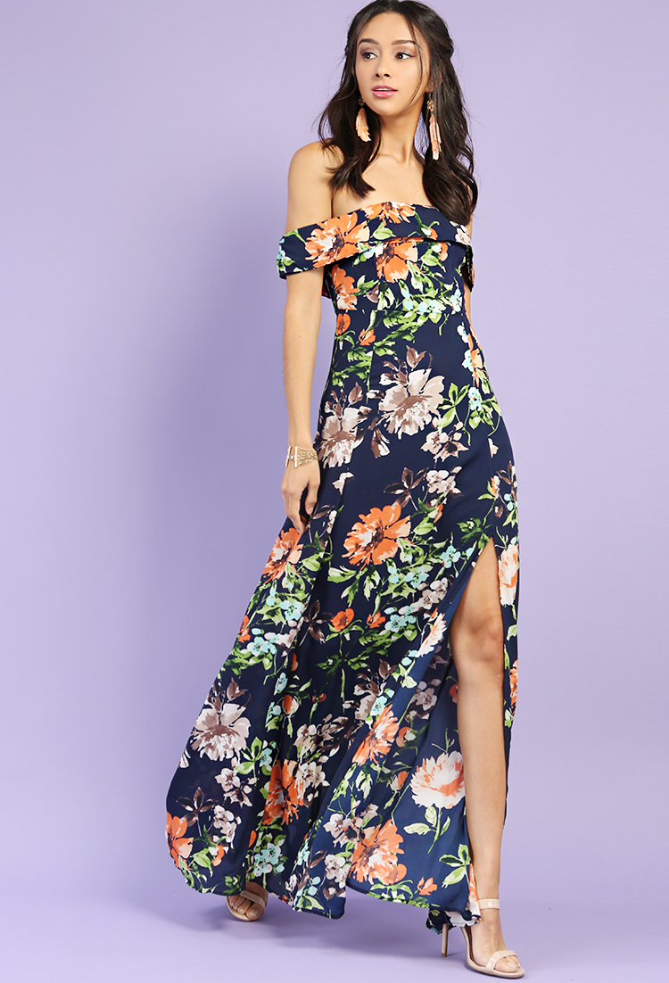 Floral Off-The-Shoulder Side-Slit Maxi Dress