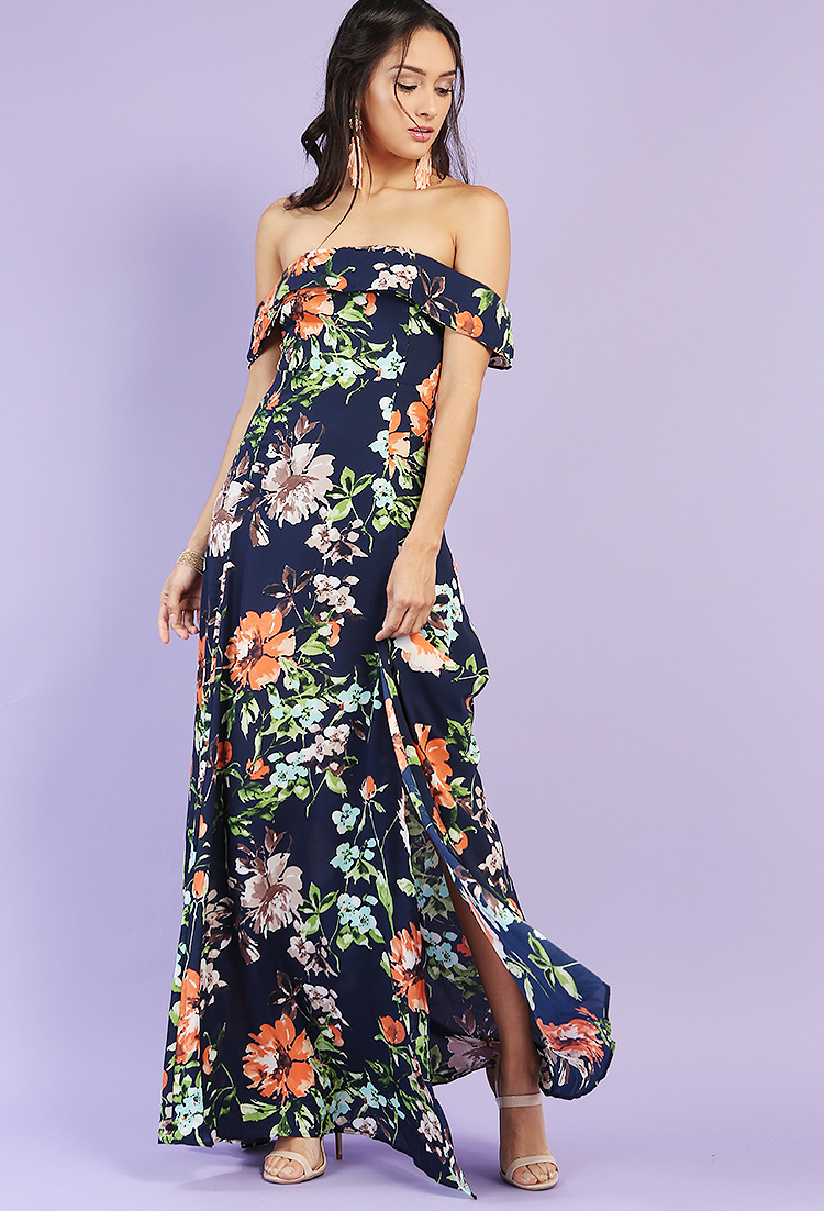 Floral Off-The-Shoulder Side-Slit Maxi Dress