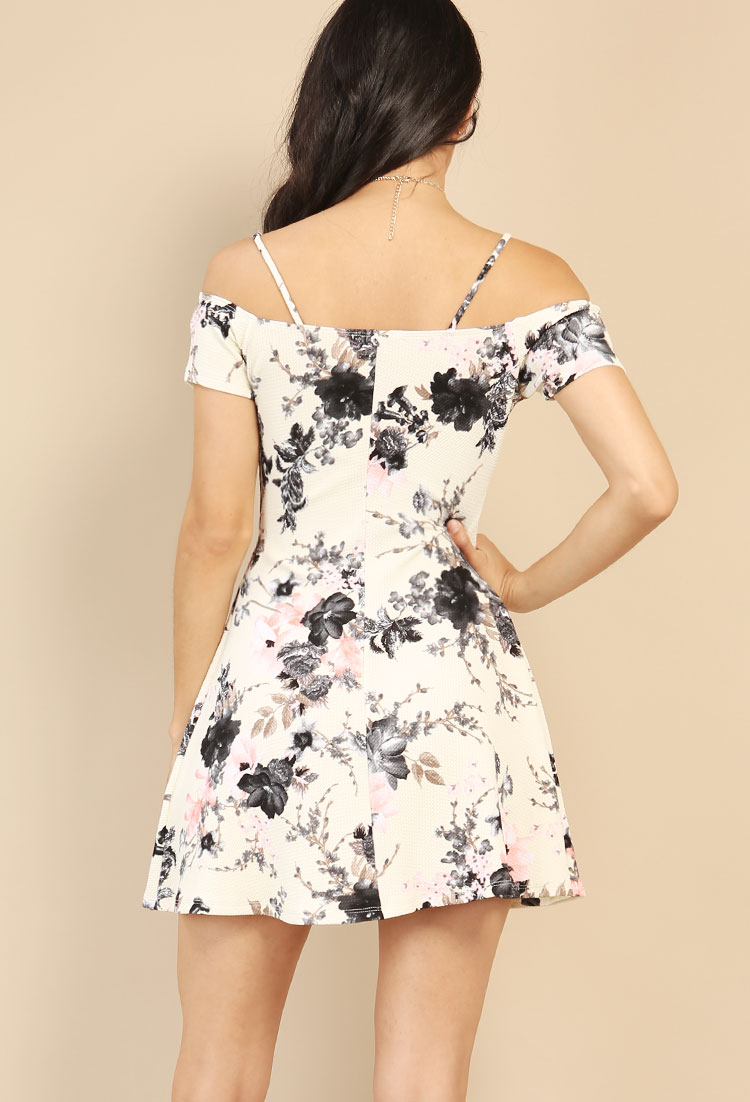 Floral Print Open-Shoulder Flare Dress