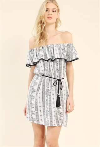 Flounce Ornate Print Dress W/ Belt