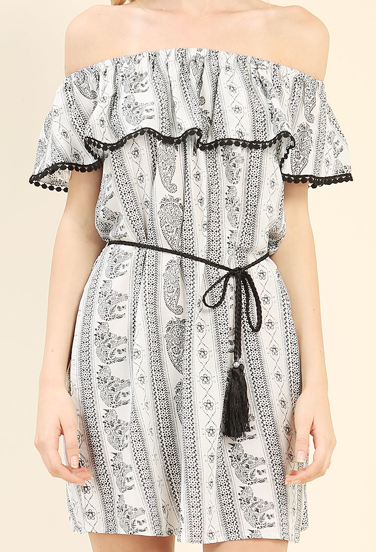 Flounce Ornate Print Dress W/ Belt