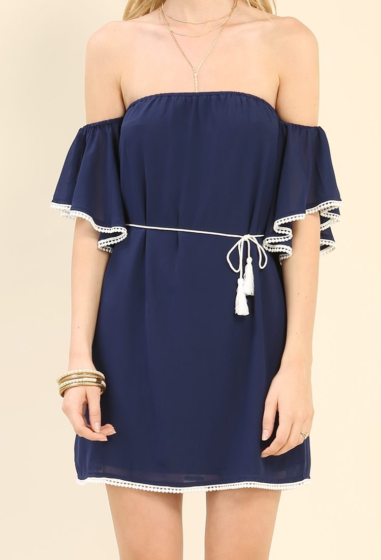 Belted Crochet-Trimmed Off-The-Shoulder Dress