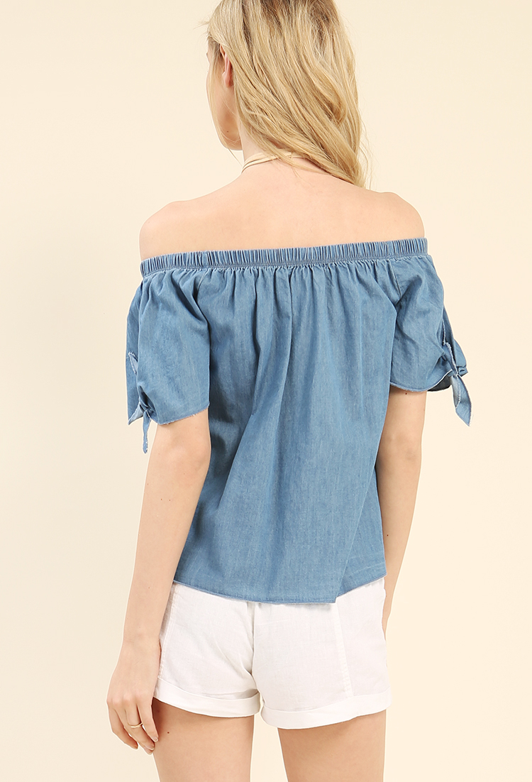 Chambray Self-Tie Off-The-Shoulder Top