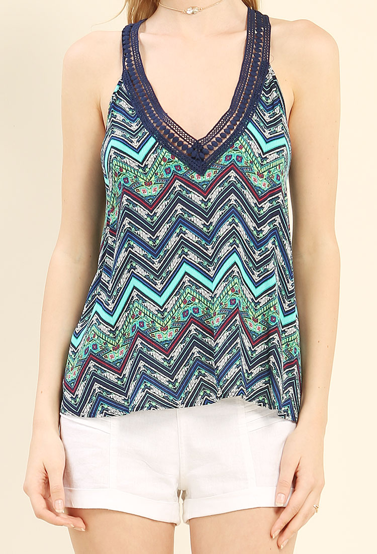 Abstract Print Crochet-Trimmed V-Neck Top