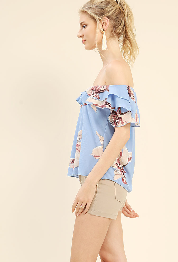 Ruffled Floral Print Off-The-Shoulder Top
