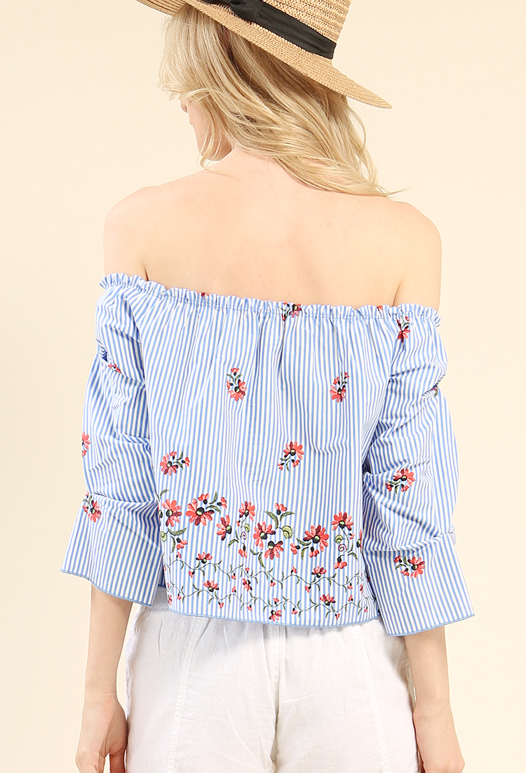 Striped Floral Ruffle Off-The-Shoulder Top
