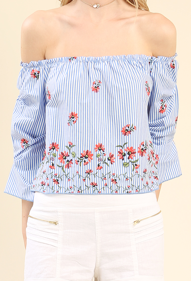 Striped Floral Ruffle Off-The-Shoulder Top
