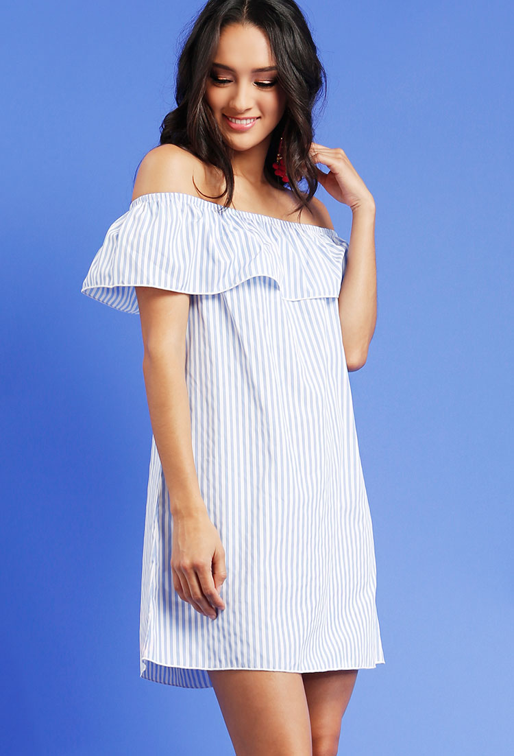 Off-The-Shoulder Ruffled Striped Dress 