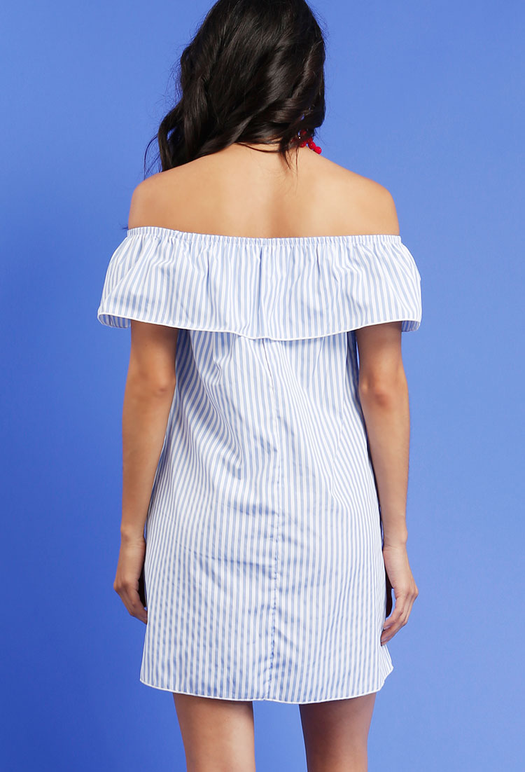 Off-The-Shoulder Ruffled Striped Dress 