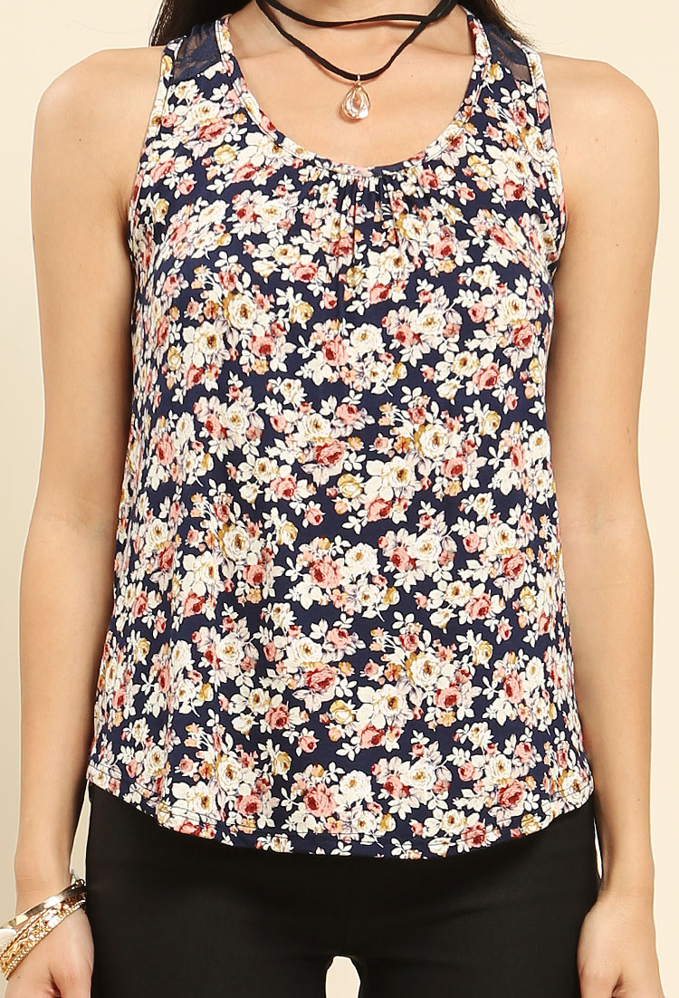 Floral Printed Lace Top W/ Necklace