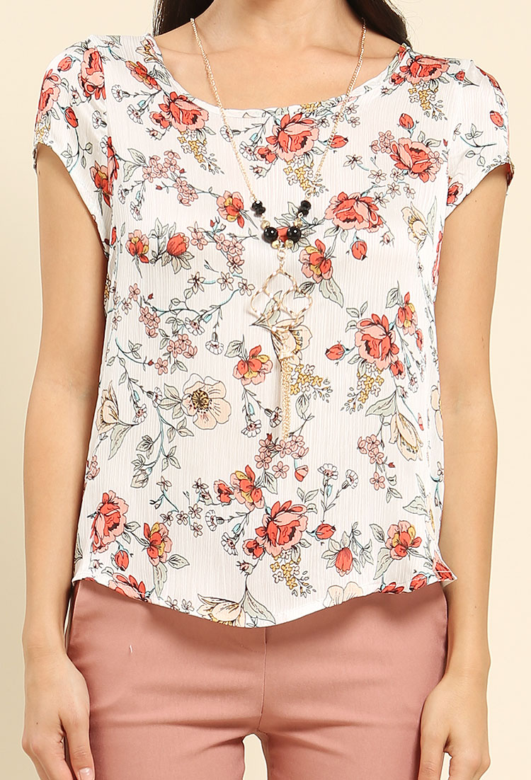 Floral Print Cap-Sleeve Top W/ Necklace
