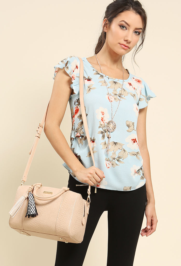 Ruched Floral Cap-Sleeve Top W/ Necklace